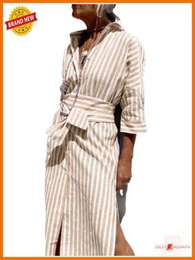 Casual Button Down Maxi Dress with Belt, 3/4 Sleeve, Side Split